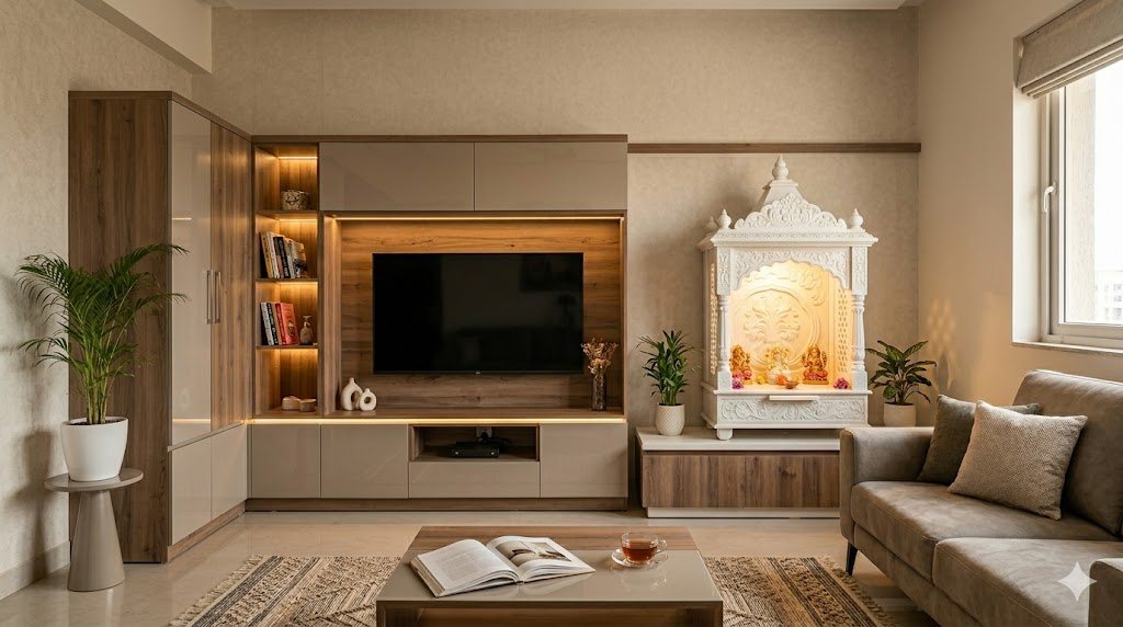 A warm, wood-toned living room with custom cabinetry and a marble temple unit crafted by Ganga Arts n Crafts