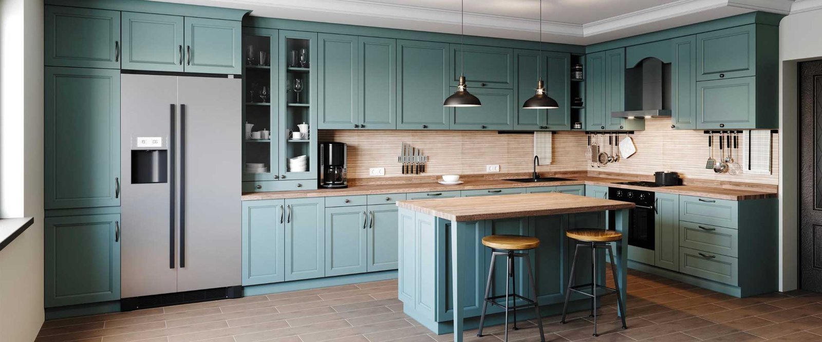Sage green modular kitchen with wooden countertop and central island, by Ganga Arts n Crafts