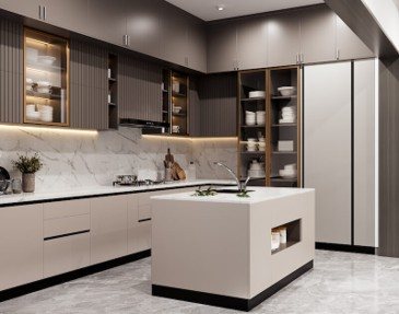 Marble-finish modular kitchen with warm wood accents