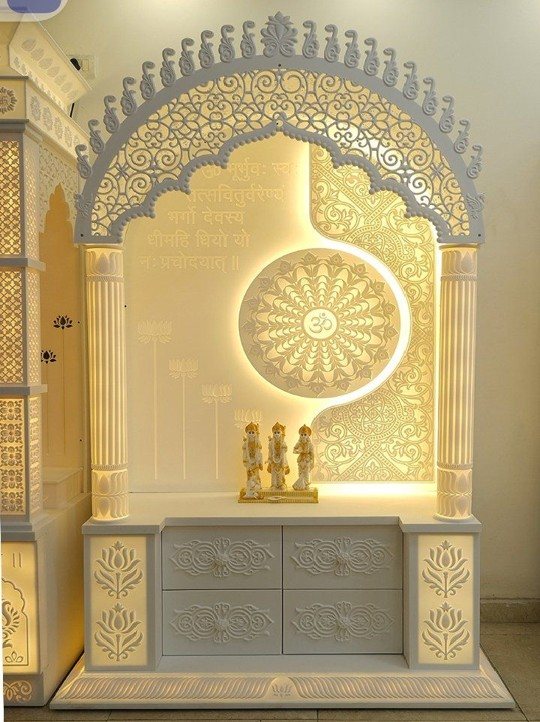 White Corian marble temple unit with carved arch and backlit mandala design