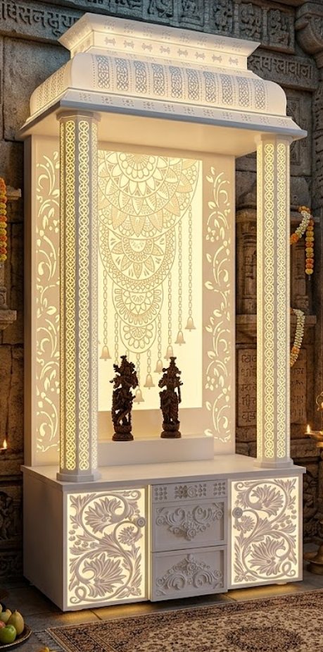 Corian marble temple with backlit floral carving and pillared frame