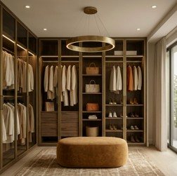 Open walk-in wardrobe with wooden shelving and brass ring light